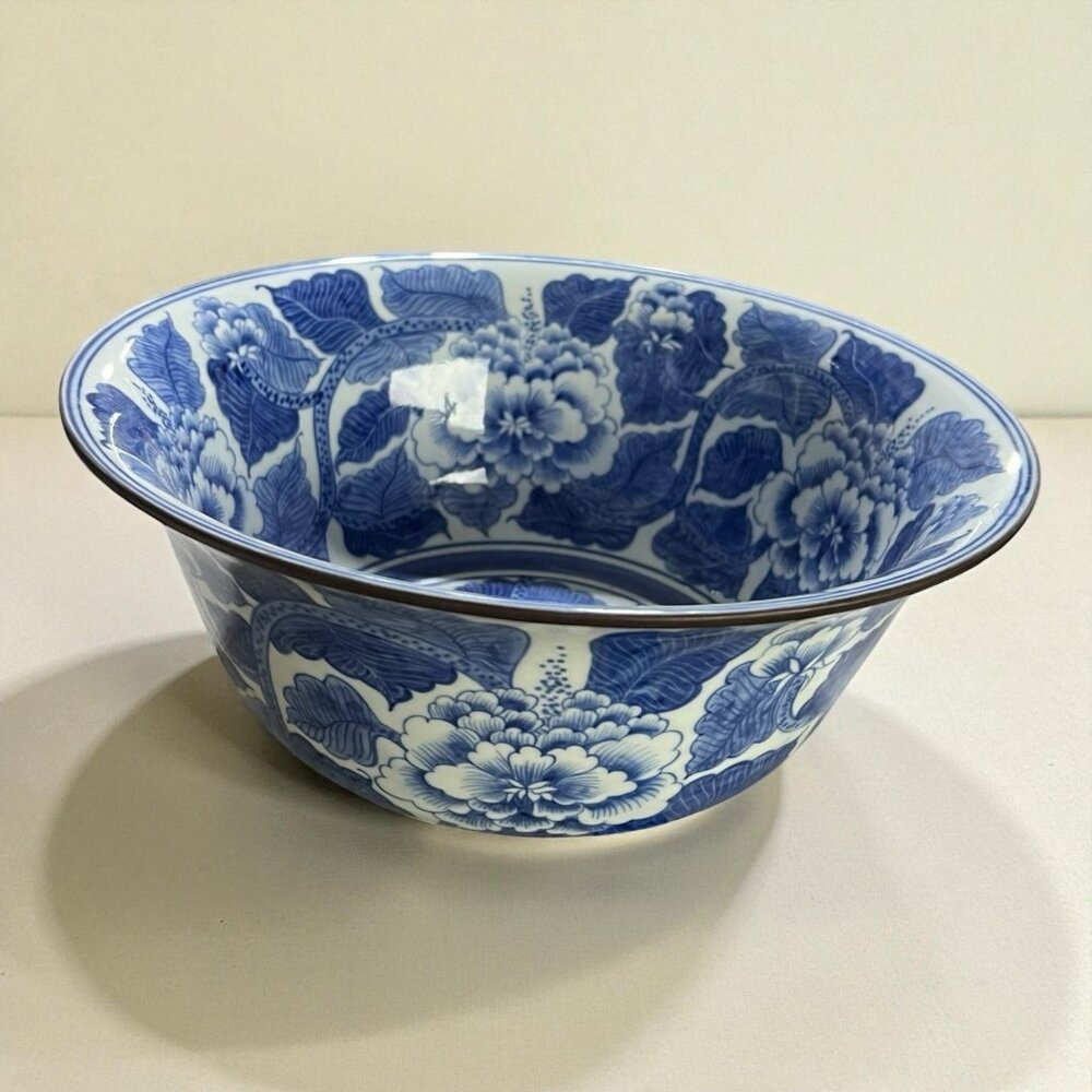 Blue White VNTG Porcelain Peony Bowl Large 10.5” Decor Bowl Floral Chinoserie - Picture 1 of 5